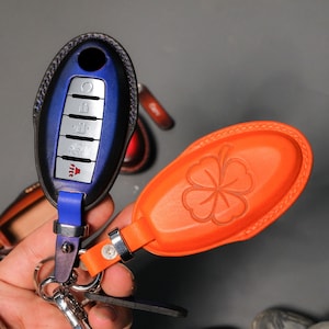 Handmade Leather Key Fob Cover for Nissan Rogue, Altima, Sentra, Pathfinder, Armada (2007–2025) – 55+ Colors, Custom Name & Logo Gift