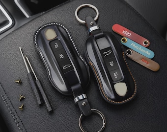 Porsche Macan EV Key Fob Cover Handmade Leather Case for Taycan, Panamera, Cayenne, 911 – Custom Logo & Patina Colors