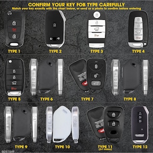 May include: A chart displaying 12 different car key fob types. Each key fob is shown in multiple views, with labels like "TYPE 1" through "TYPE 12". The text at the top reads "CONFIRM YOUR KEY FOB TYPE CAREFULLY".