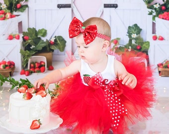 Strawberry Birthday Girl Outfit | Strawberry Sweet One Birthday Dress | Berry First Birthday Cake Smash Outfit | Strawberry Shortcake Tutu