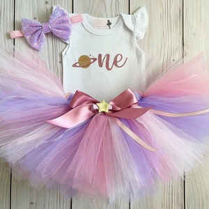 Outer Space Theme Baby Girl Birthday Outfit Galactic 1st Birthday Tutu Dress Saturn Planet First Birthday Cake Smash Outfit image 1