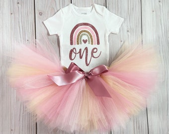 First Birthday Outfit | Boho Rainbow 1st Birthday Dress | Cake Smash Outfit Girl | Neutral Tutu | Onederful