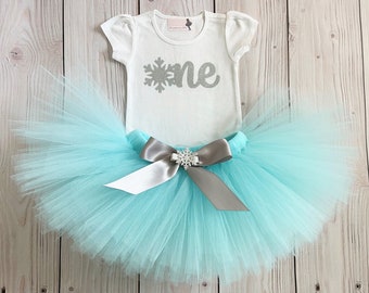 OneDerLand First Birthday Outfit Girl | Snowflake Birthday Outfit | 1st Birthday Tutu Dress for One Year Old | Cake Smash | Aqua and Silver