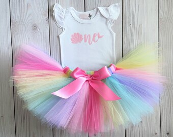 Mermaid First Birthday Outfit | Oneder the Sea Tutu Dress | Pastel Rainbow Cake Smash Outfit | Pink Sea Shell One 1st birthday Bodysuit