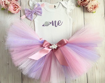 Pink and Purple Space First Birthday Tutu Outfit | Moon Beams and Stars Dress