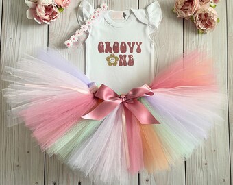 Groovy One Themed Birthday Outfit for 1 Year Old Baby Girl | One Groovy Girl First Birthday Tutu Dress | Groovy One Cake Smash Outfit Girl