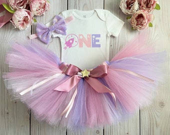 Outer Space Birthday Outfit for Baby Girl | Pink, Purple, Gold Moon First Birthday Tutu Dress, Space Gift for One year Old Girl