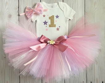 First Trip Around the Sun Baby Girl Birthday Outfits | Pink, Lavender, Gold, Rose Gold Birthday Tutu Dress | Star Birthday Cake Smash Outfit
