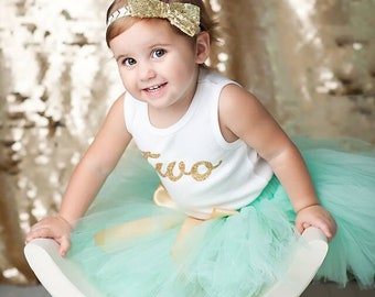 Birthday Outfit for Toddler Girl | Whimsical Second Birthday Outfits | Mint and Gold Birthday Party Themed Tutu | 2nd Birthday Gift