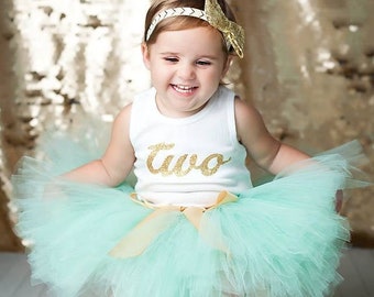 Mint and Gold 2nd Birthday Outfit Girl | Second Birthday Tutu Dress | 2 Year Old Toddler Outfits