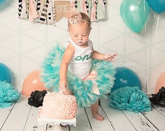 Teal and Blush 1st Birthday Outfit for Baby Girl