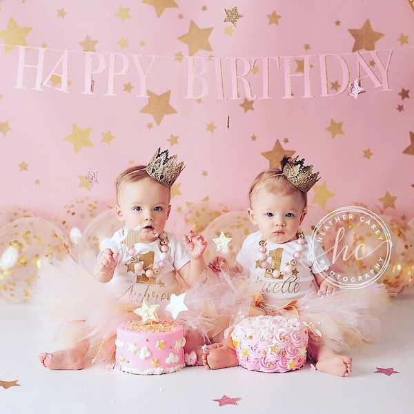 Twinkle Twinkle Little Star First Birthday Outfit Girl | Pink and Gold Tutu Outfit Twin Girls Gift by Strawberrie Rose Tutus
