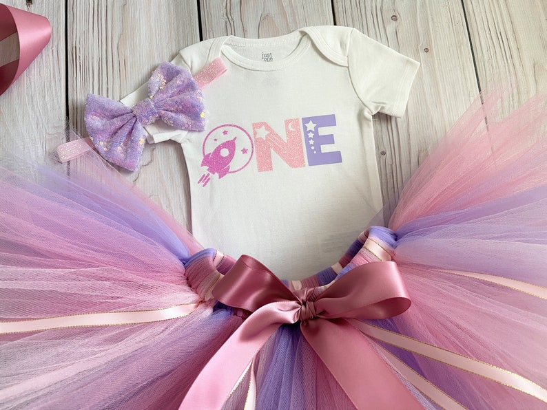 Space Themed Birthday Outfit for Baby Girl Pink, Purple, Gold Space 1st Birthday Dress, Planet First Birthday Cake Smash Tutu image 2