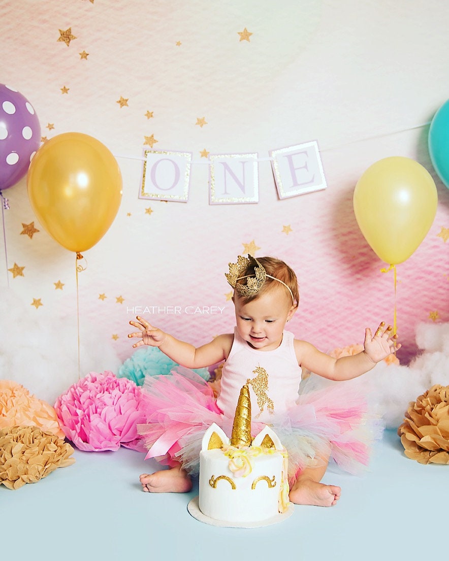 Unicorn Pastel Rainbow Stars Photography Backdrop, Moon, Twinkle, Clouds,  Pastel, String Lights, Swinging, 1st Birthday, Cake Smash, Theme