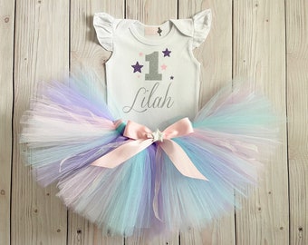 First Trip Around the Sun Birthday Outfit for Baby Girl | Pink and Silver Space 1st Birthday Cake Smash Tutu Outfit