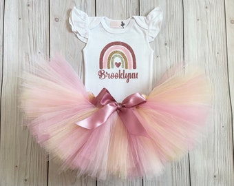 Boho Rainbow First Birthday Outfit | Neutral Rainbow 1st Birthday Dress | Blush Cake Smash Tutu for Baby Girl