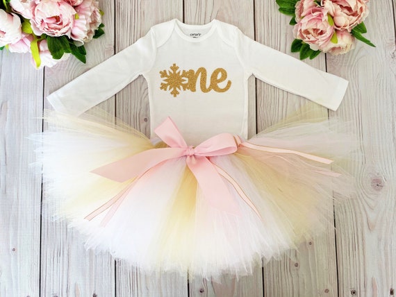 Winter OneDerLand 1st Birthday Girl Outfit | Pink and Gold Snowflake Dress by Strawberrie Rose Tutus Il_570xn