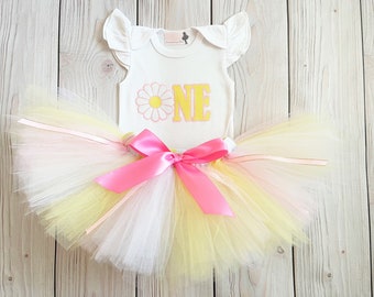 Pink and Yellow Daisy 1st Birthday Outfit for Baby Girls Cake Smash | Unique Baby Birthday Gifts | First Birthday Tutu for One Year Old Girl