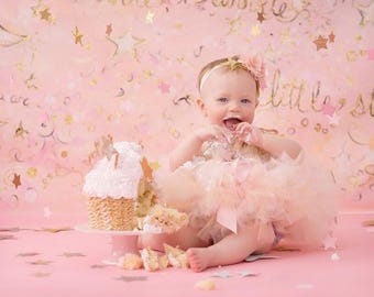 Tutú rosa y dorado para el primer cumpleaños: Conjunto para la sesión de fotos con pastel
