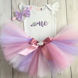 Pink and Purple Space First Birthday Tutu Outfit Moon Beams and Stars Dress image 2