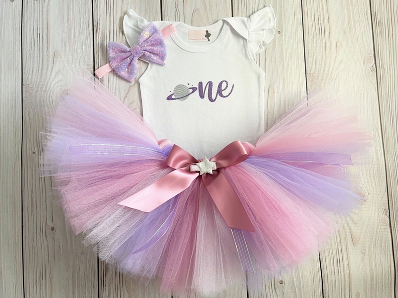 Pink and Purple Space First Birthday Tutu Outfit Moon Beams and Stars Dress image 2