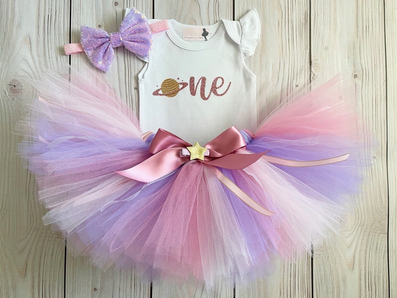 Outer Space Theme Baby Girl Birthday Outfit Galactic 1st Birthday Tutu Dress Saturn Planet First Birthday Cake Smash Outfit image 1