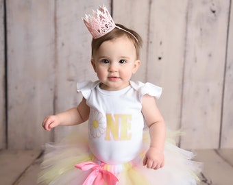 Pink and Yellow Daisy First Birthday Outfit