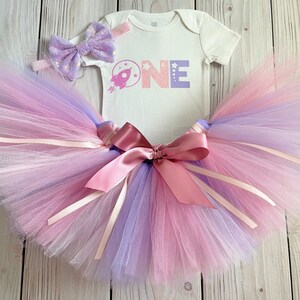 Space Themed Birthday Outfit for Baby Girl Pink, Purple, Gold Space 1st Birthday Dress, Planet First Birthday Cake Smash Tutu image 3