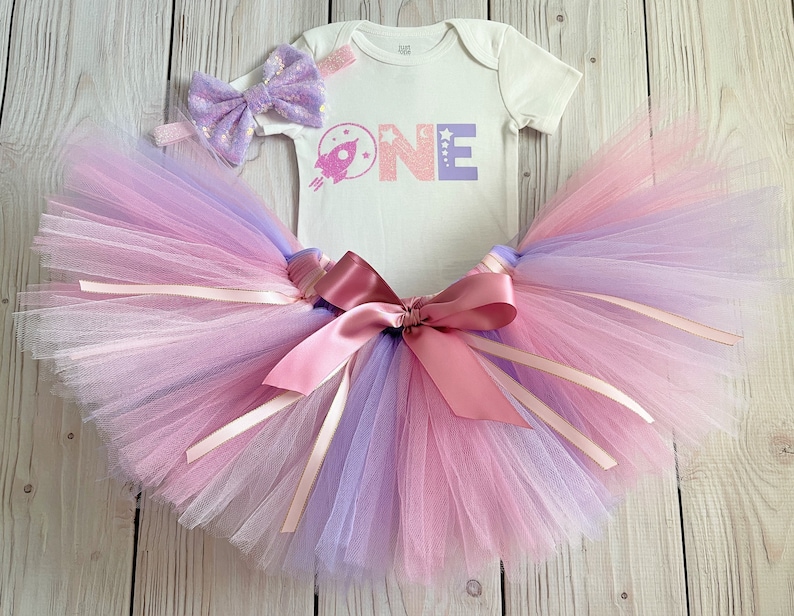 Space Themed Birthday Outfit for Baby Girl Pink, Purple, Gold Space 1st Birthday Dress, Planet First Birthday Cake Smash Tutu image 3