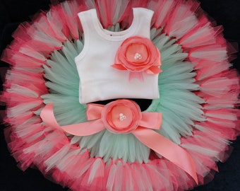 Coral Flower Girl Dress Dress | Custom Tulle Dresses for Baby Girl, Toddler Girl - Mint Sage, Coral, Peach Fuzz