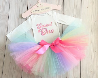 Sweet One 1st Birthday Tutu Outfit | Rainbow First Birthday Cake Smash Dress | One Year Old Niece Gift | Over The Rainbow Party Outfit