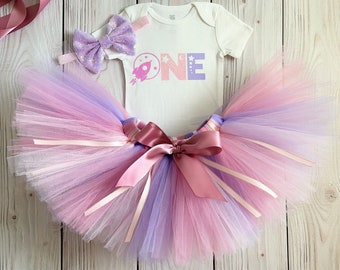 Space Themed Baby Girl Birthday Outfit | Pink Purple Gold First Birthday Dress and Cake Smash Tutu