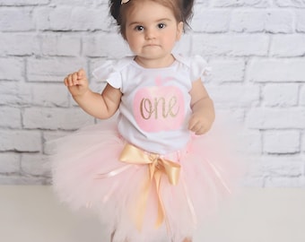 Tenue premier anniversaire citrouille | Robe tutu 1er anniversaire citrouille rose poudré et doré pour bébé fille d'un an