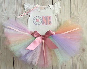 Retro Daisy First Birthday Outfit | Baby Girl Cake Smash Tutu Dress | 1st Birthday Gift | Pink Boho Floral Themed Birthday Outfit