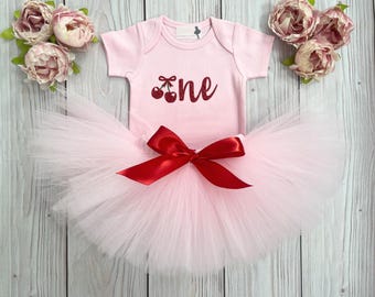 Cherry First Birthday Outfit: "One" Bodysuit, Tutu & Headband