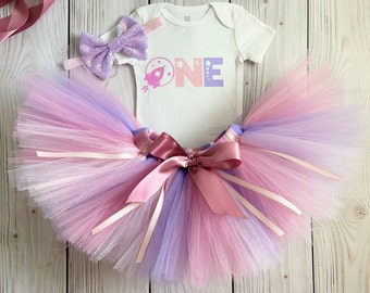 Space Themed Birthday Outfit for Baby Girl | Pink, Purple, Gold Space 1st Birthday Dress, Planet First Birthday Cake Smash Tutu