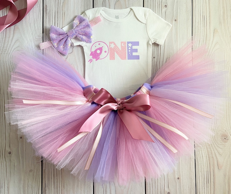 Space Themed Birthday Outfit for Baby Girl Pink, Purple, Gold Space 1st Birthday Dress, Planet First Birthday Cake Smash Tutu image 1