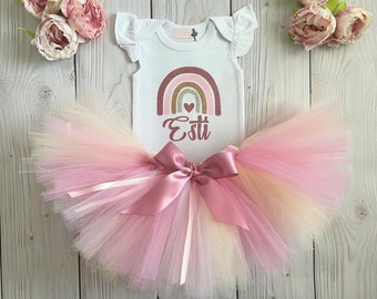 Boho Rainbow Birthday Outfit for Baby Girl | 1st Birthday Tutu Dress | Gift