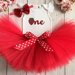 Berry First Birthday Outfit: Strawberry Bodysuit, Red Tutu, Polka Dot Bow