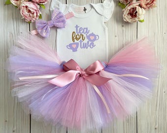Conjunto de cumpleaños "Té para dos" / Té para dos / Vestido para fiesta de té / Conjuntos de Alicia en el País de las Maravillas en rosa y lavanda / Tema de tazas de té para el segundo cumpleaños