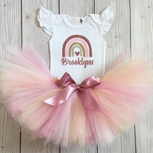 Boho Rainbow First Birthday Outfit | Neutral Rainbow 1st Birthday Dress | Blush Cake Smash Tutu for Baby Girl
