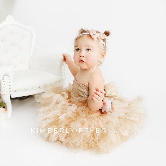 Champagne Gold Tutu Skirt, Baby Girl Birthday Outfit, Neutral Cake