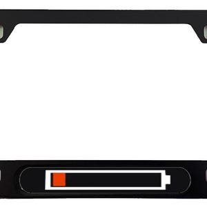 May include: Black license plate frame with a white interior. The bottom of the frame features a black rectangle with a white battery icon and a red bar indicating low battery. The frame has four mounting holes.