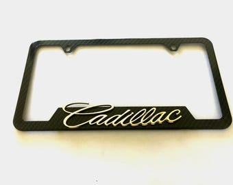 3D Gold Carbon Fiber License Plate Frame Holder Cover For Cadillac, Stainless Steel