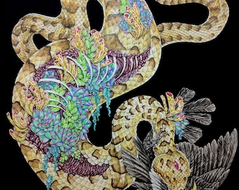 May include: An artistic illustration of a snake with a bird. The snake is tan and brown with a pattern, and its body is filled with colorful succulents. The bird is yellow, black, and gray, with its beak open. The background is black.