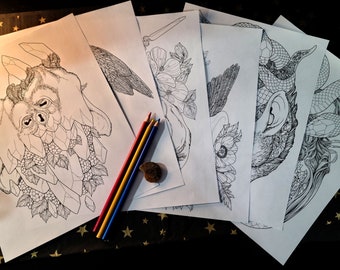 Set of 6 Adult Coloring Pages - Creepy Surreal Downloadable Line Arts