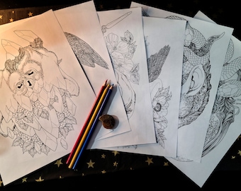 Set van 6 kleurplaten voor volwassenen - Griezelige surrealistische downloadbare line arts