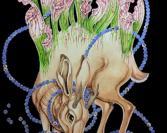 May include: A watercolor illustration of a brown hare with long ears, surrounded by blue beaded strands and stylized plants with red veins, set against a black background. The hare is holding a patterned, red and yellow orb.