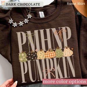 May include: A dark chocolate brown sweatshirt featuring the text PMHNP PUMPKIN in large beige letters. The design includes a row of six illustrated pumpkins with various patterns and colors, accented by small beige bows and tiny orange hearts.