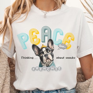 Zabawna koszulka z buldogiem francuskim - koszulka z nadrukiem w stylu vintage z kreskówkowym zwierzęciem, koszulka z grafiką Peace T-shirt prezent dla miłośników przekąsek